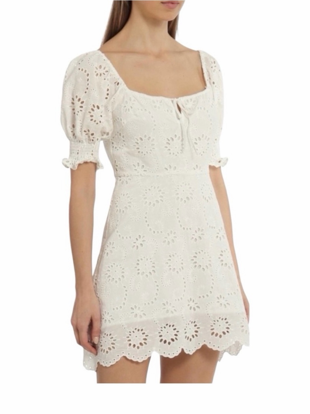 7 For All Mankind White Eyelet Puff-Sleeve Mini Dress